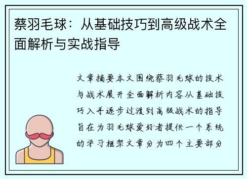 蔡羽毛球：从基础技巧到高级战术全面解析与实战指导